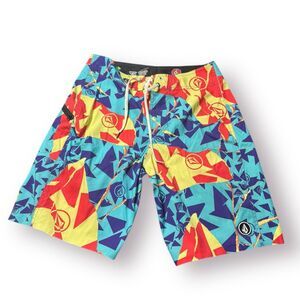 Volcom Blue Yellow Diamond Board Shorts Size 32" 6 Way Stretch Swim Trunks Retro
